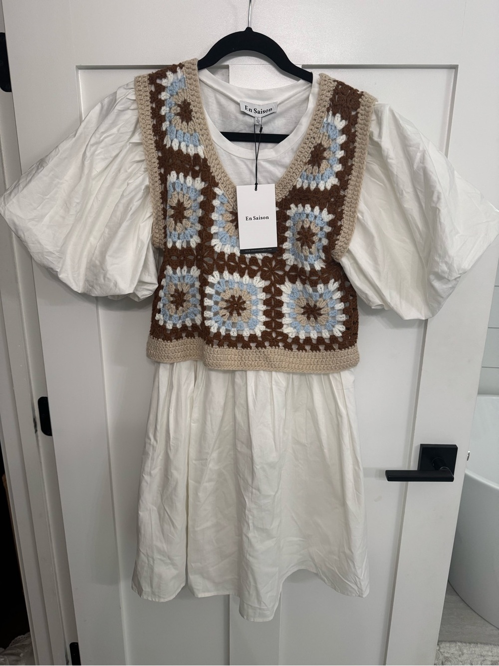 En Saison White Puff Sleeve Dress with Brown and Light Blue Crochet Vest